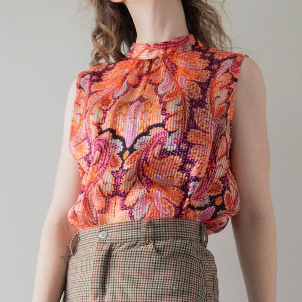 Vintage Silk Y2K Paisley Orange Pink Retro High Neck Women's Blouse tank Top